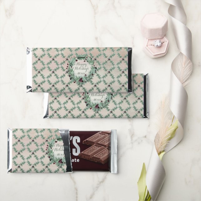Burgundy Berry Holly Pine Christmas Hershey Bar Favors (Front)