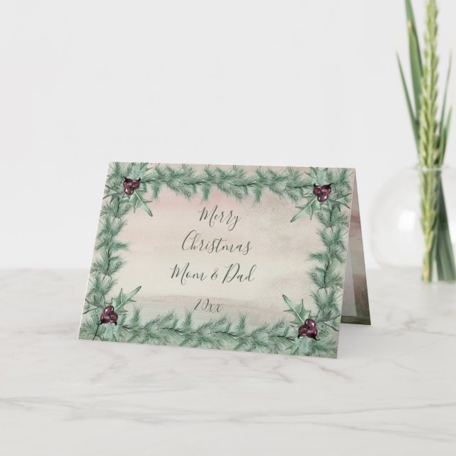 Burgundy Berry Holly Pine Christmas Holiday Card (Front)