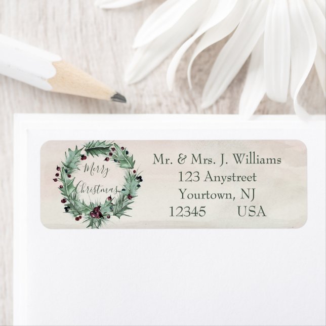 Burgundy Berry Holly Pine Christmas Label (Insitu)