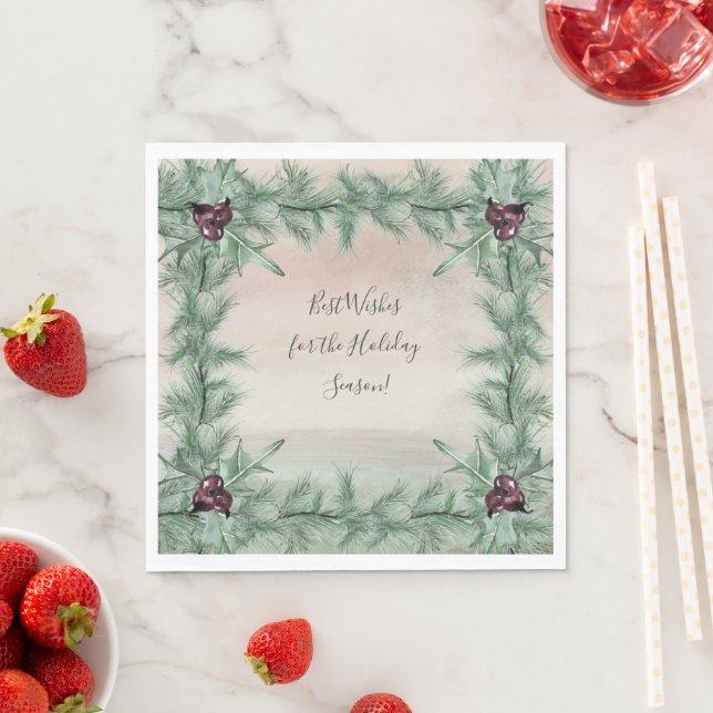 Burgundy Berry Holly Pine Christmas Napkins (Insitu)