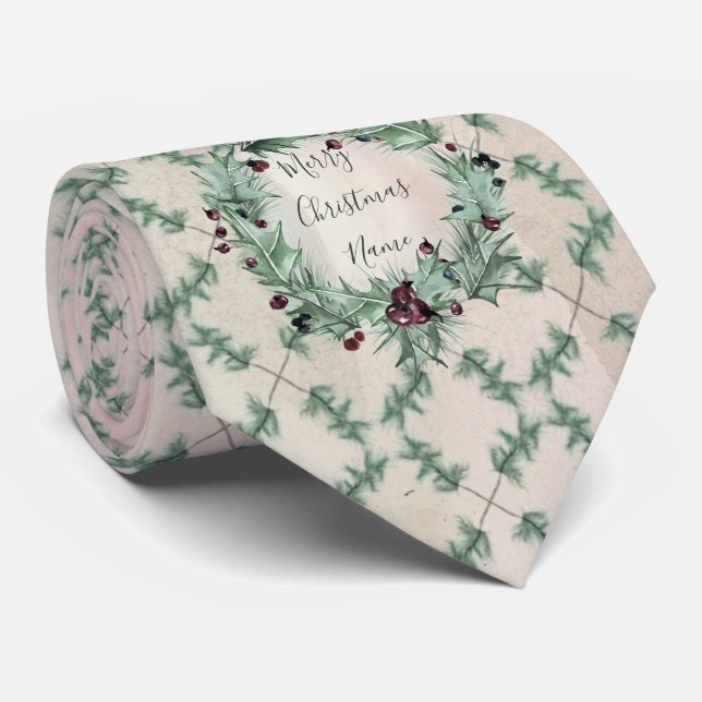 Burgundy Berry Holly Pine Christmas Neck Tie (Rolled)