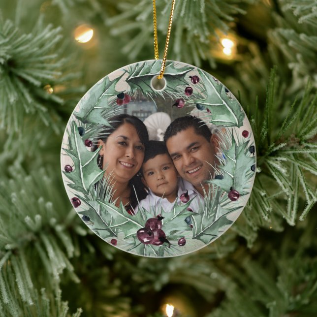 Burgundy Berry Holly Pine Christmas Photo Ceramic Ornament (Tree)