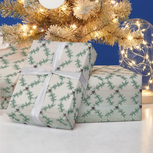 Burgundy Berry Holly Pine Christmas Wrapping Paper (Holidays)