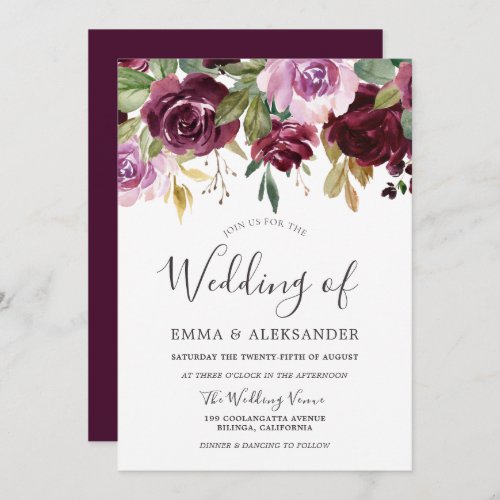 Burgundy Berry  Lilac Floral Fall Wedding Invitation