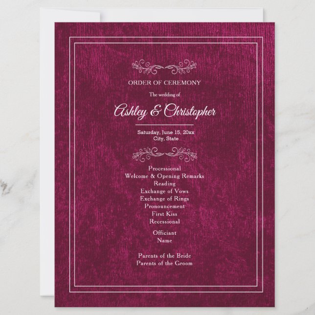 Burgundy Berry Velvet White Wedding Program (Front)