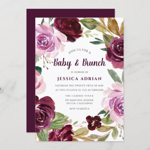 Burgundy Berry Watercolor Baby Shower Brunch Invitation