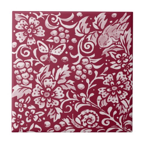 Burgundy Bird Butterfly Snail Berry Forest Floral Ceramic Tile