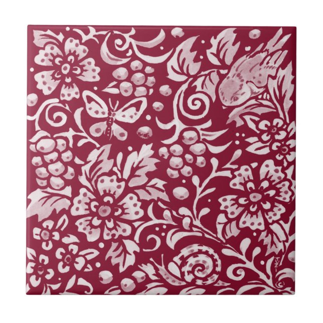 Burgundy Bird Butterfly Snail Berry Forest Floral Ceramic Tile (Front)
