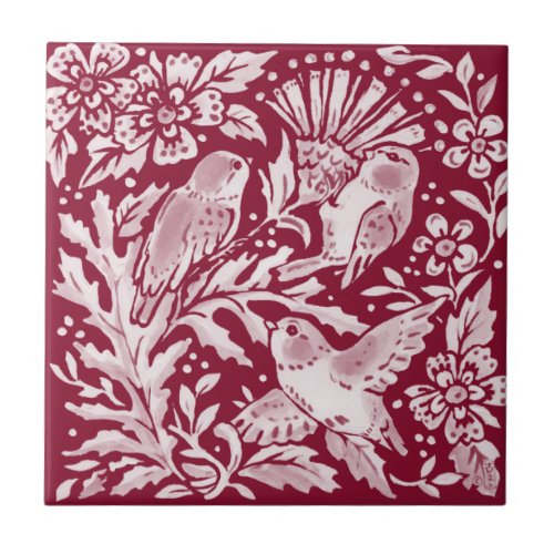 Burgundy Birds Thistle Floral Woodland Ceramic Tile