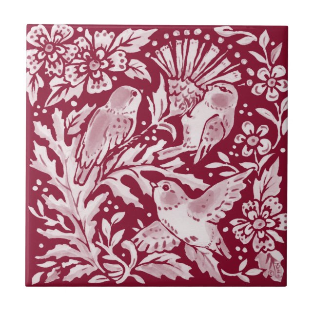 Burgundy Birds Thistle Floral Woodland Ceramic Tile (Front)