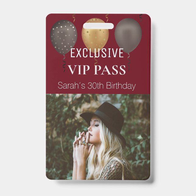 Burgundy Birthday Party Photo Custom Pass VIP Badge (Front)
