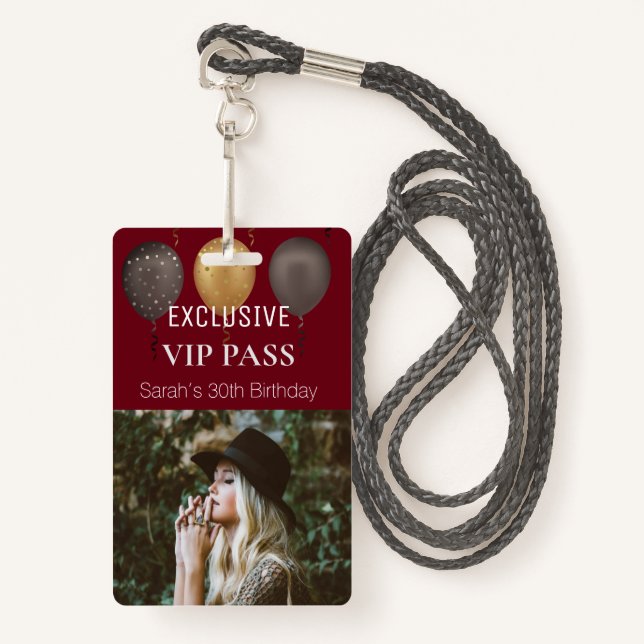 Burgundy Birthday Party Photo Custom Pass VIP Badge (Front with Lanyard)