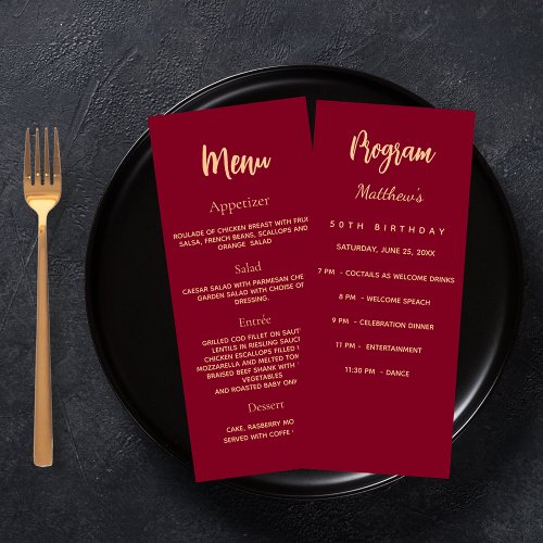 Burgundy birthday program dinner menu card