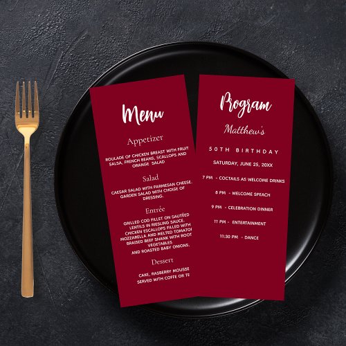 Burgundy birthday program dinner menu card