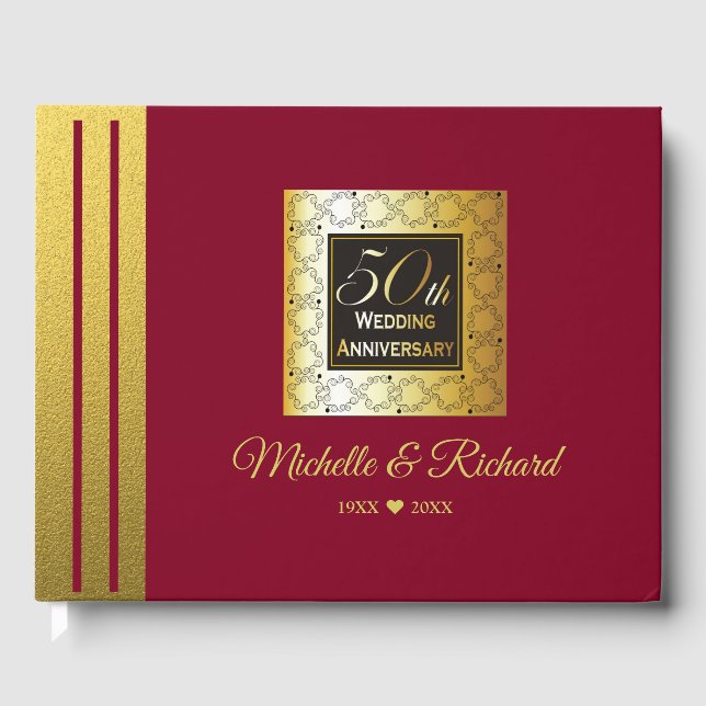 Burgundy Black And Gold 50th Wedding Anniversary Guest Book (Front)