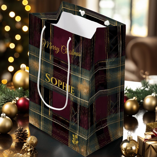 Burgundy, Black, and Gold Plaid Christmas Custom Medium Gift Bag (Creator Uploaded)
