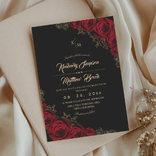 Burgundy Black and Gold Rose Floral Boho Wedding Invitation