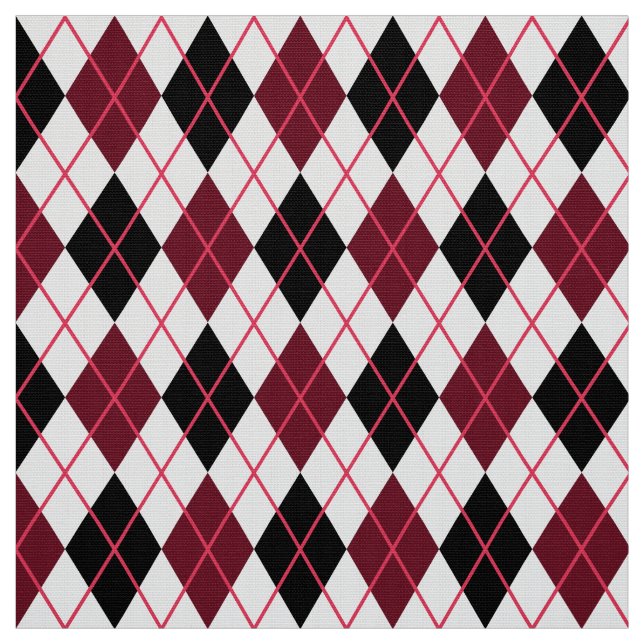 Burgundy, Black and White Argyle Pattern Fabric (Swatch)
