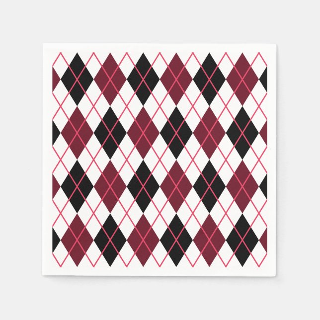Burgundy, Black and White Argyle Pattern Napkins (Front)