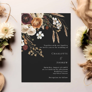 Burgundy black beige pampas florals wedding invitation