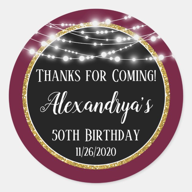 Burgundy Black Birthday Thanks For Coming Favors Classic Round Sticker (Front)