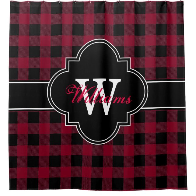 Burgundy Black Buffalo Plaid 1IRQ Monogram Shower Curtain (Front)
