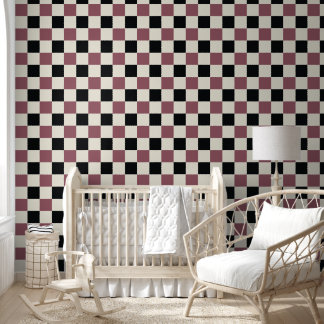 Burgundy Black Cream Checkered Gingham Retro Wallpaper