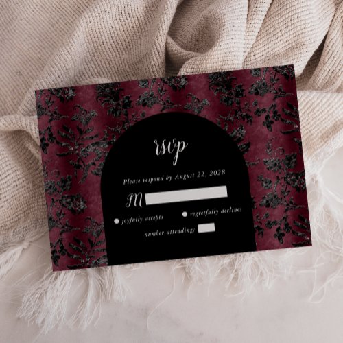 Burgundy Black Damask Arch Dark Moody Wedding RSVP Card