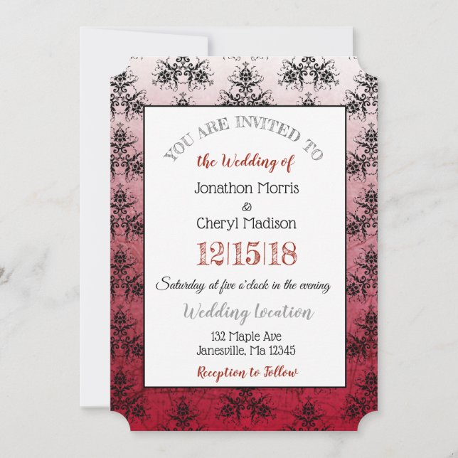 Burgundy Black Damask Classy Wedding invitations (Front)