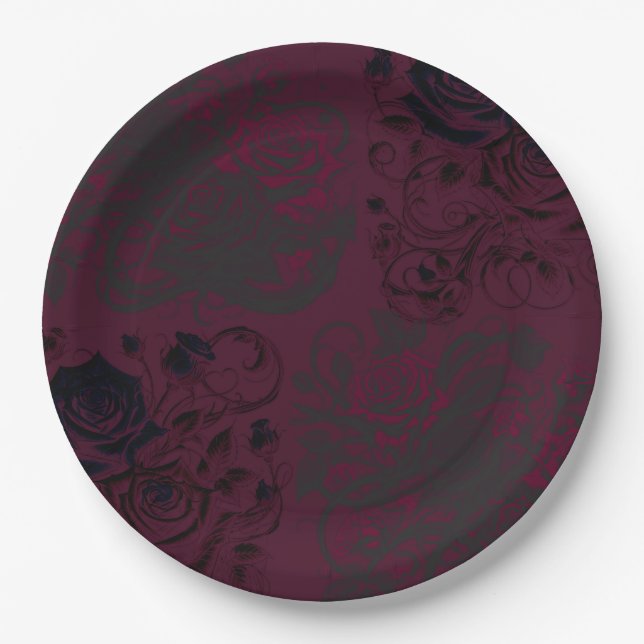 Burgundy & Black Dark Garden Gothic Glam Wedding Paper Plates (Front)