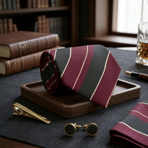 Burgundy & Black Diagonal Striped Gold Pinstripes Neck Tie