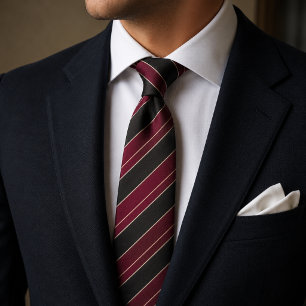Burgundy & Black Diagonal Striped Gold Pinstripes Neck Tie