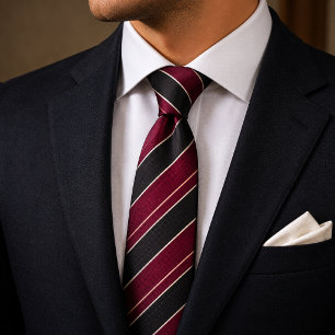 Burgundy & Black Diagonal Striped Gold Pinstripes Neck Tie