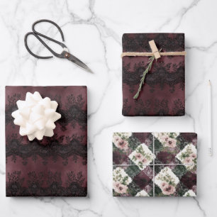 Burgundy Black Faux Lace Bridal Shower Wrapping Paper Sheets