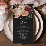 Burgundy Black Floral Wedding Menu Card<br><div class="desc">Add a touch of moody romance to your reception with this elegant wedding menu card. Featuring deep burgundy,  ivory,  and peach watercolor florals on a dramatic black background,  this menu highlights your multi-course meal in stylish script typography. Perfect for autumn or evening weddings.</div>