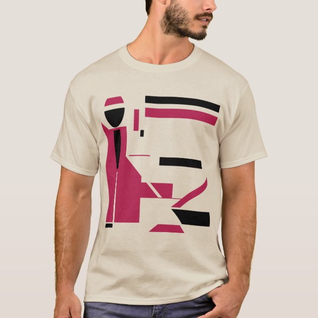 Burgundy Black Geometric Figure-like Art MCM Look T-Shirt (Front)