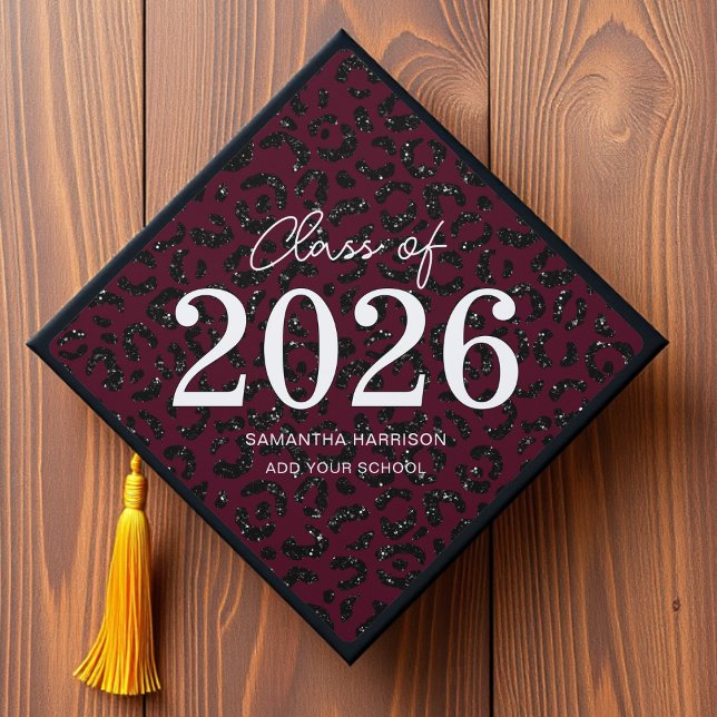 Burgundy & Black Glitter Leopard Print Class of Graduation Cap Topper (Creator Uploaded)