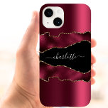 Burgundy black gold agate marble name script Case-Mate iPhone 14 case<br><div class="desc">Burgundy,  black and gold agate,  marble stone print as background.  Personalize and add your name. The name is written with a modern hand lettered style script.</div>