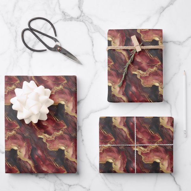 Burgundy, Black & Gold Marble Wrapping Paper Sheets (Front)