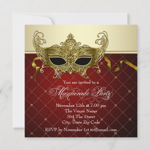 Burgundy Black Gold Masquerade Party Invitations | Zazzle