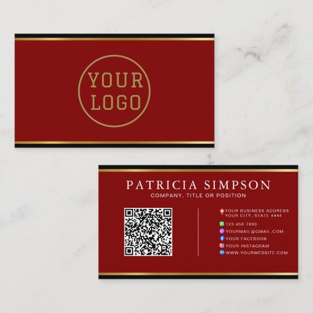 Burgundy Black Gold | QR Code, Logo & Social Media Business Card (Front/Back)