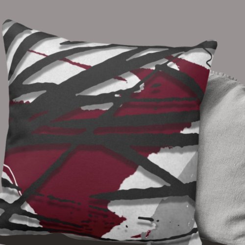 Burgundy Black  Gray Abstract Watercolor Throw Pillow