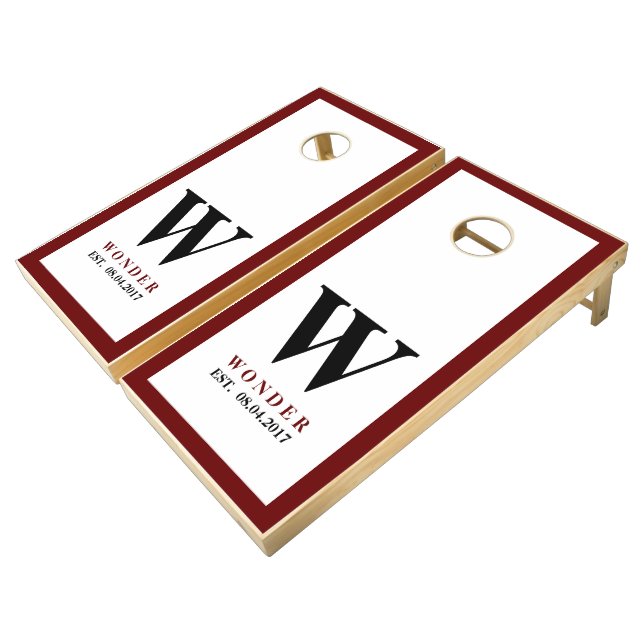 Burgundy Black Minimalist Modern Wedding Monogram Cornhole Set (Angled)