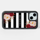 Burgundy Black n' White Pink Floral iPhone 15 Case (Back Horizontal)