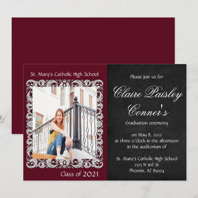 Burgundy & Black Photo Graduation Invitation (Front/Back)