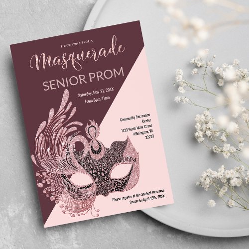 Burgundy Black Pink Glitter Masquerade Prom Invitation