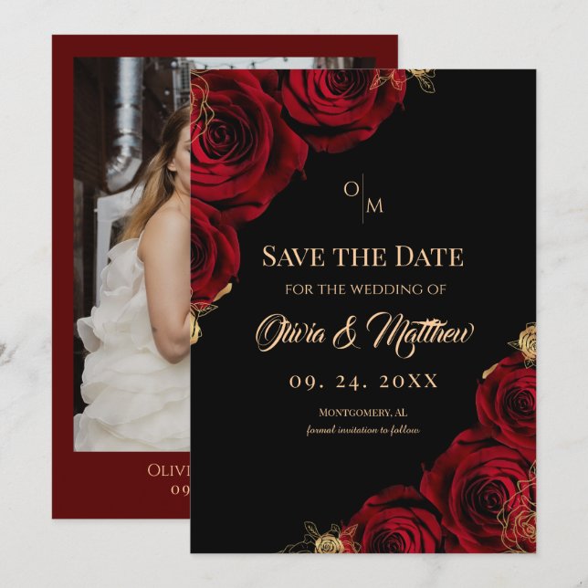  Burgundy Black Red Rose Floral Wedding Save The Date (Front/Back)