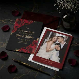 Burgundy Black Red Rose Floral Wedding Save The Date