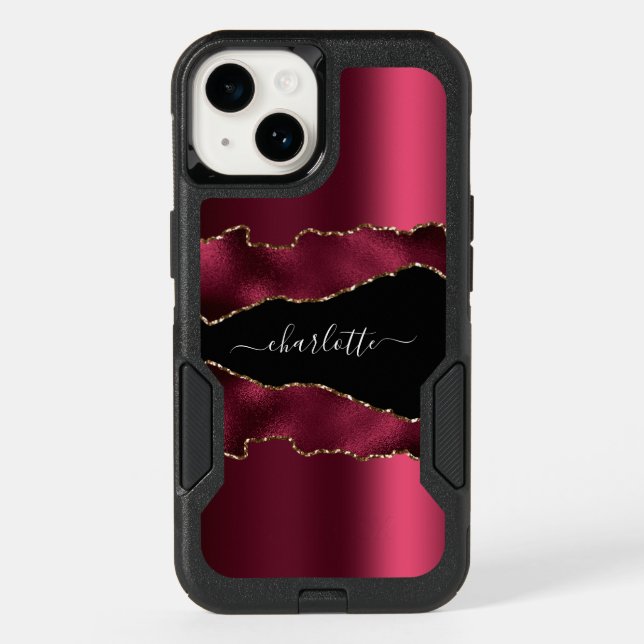 Burgundy black rose gold agate marble name script otterbox iPhone case (Back)