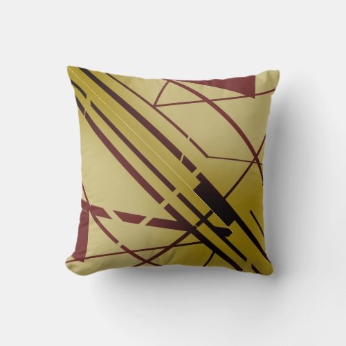 Burgundy Black Shapes Lines on Gold Flowing Design Throw Pillow